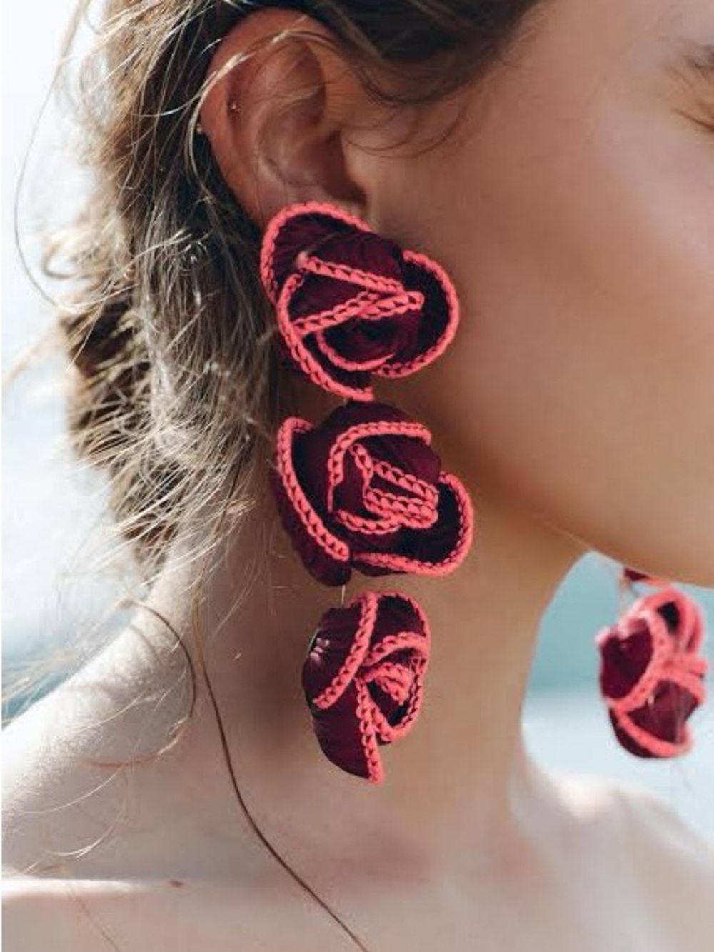 Zara Pink and Burgundy Triple Floral Drop Earrings